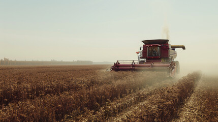 Obraz premium A combine harvester moving through an expansive golden field, representing the peak of the harvest season and the bounty of agriculture.