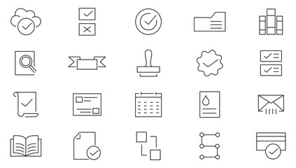 Compliance line icon set. analysis, plan, evaluation, quality process, result, accounting, analytics, finance, business, money, financial, tax, budget outline icon collection. UI thin icons pack
