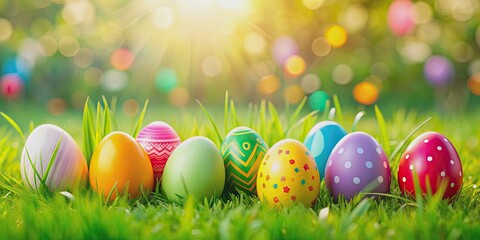 Vibrant and colorful Easter eggs on a grassy background, Easter, holiday, spring, celebration, pastel, decorated, tradition