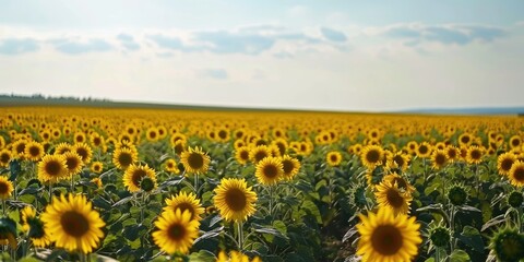 Naklejka premium A vast field of sunflowers stretching as far as the eye can see, their bright yellow faces turned towards the sun under a clear, sunny sky.