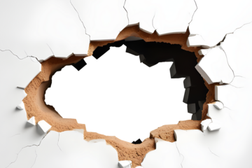 Hole breaking through a white wall, isolated on a transparent or white background.