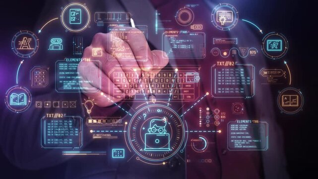 A tycoon reviews analytics on an electronic dashboard.