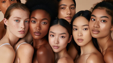 Obraz premium A diverse group of young women with different skin tones and hair types, posing closely together with serene expressions, highlighting natural beauty.