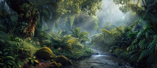 A serene scene of a stream flowing through a dense lush jungle illuminated by dappled sunlight