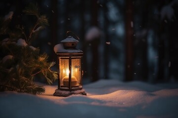 A Christmas lantern on snow with a fir branch in the evening. The warm glow of the lantern creates a cozy and festive atmosphere, contrasting beautifully with the cold, snowy surroundings