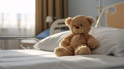 Teddy bear sitting on the bed in the hospital room.