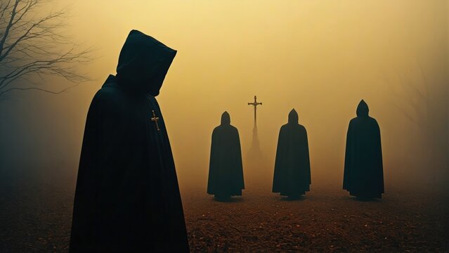 Generative AI, Dark, eerie scene with hooded figures near a cross in a misty forest, illuminated by a mysterious golden light, evoking themes of religious solemnity and mystery