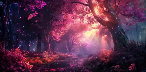 Obraz premium An enchanted forest with glowing trees creates a magical and otherworldly atmosphere.