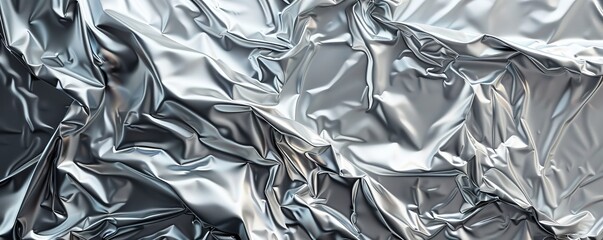 Crumpled aluminum foil texture with detailed folds, 4K hyperrealistic photo