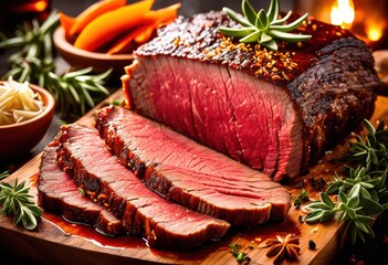 succulent savory beef brisket prepared rich tender aromatic seasonings mouthwatering culinary delight, flavor, dish, cooking, recipe, roast, barbecue, meal