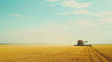 Obraz premium A combine harvester methodically working through an endless yellow field under a vast blue sky, illustrating a golden, sun-drenched harvest.
