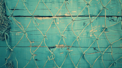 Close-up of a turquoise wooden wall with an intertwined fishing net, evoking a coastal, rustic vibe.