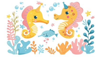Create a clipart of a Birthday seahorse with underwater funin a kawaii style, simplified to feature fewer elements for a cleaner look, Use a color palette that is appealing to children, with br