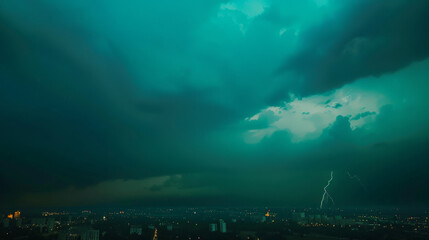 Towering, stormy clouds with streaks of lightning dominate a dark evening sky over a city, creating a captivating and electrifying scene.