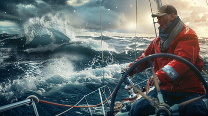 A sailor in a red jacket navigating rough seas, focused and determined despite the waves crashing around, embodying the spirit of adventure.