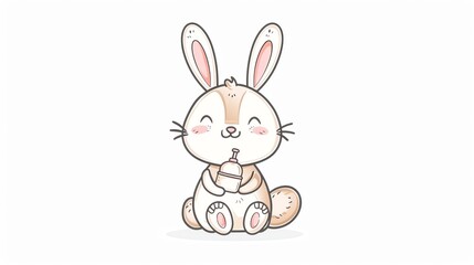 Obraz premium Create a clipart of a Bashful Bunny A shy bunny holding a baby bottlein a kawaii style, simplified to feature fewer elements for a cleaner look, Use a color palette that is appealing to childre