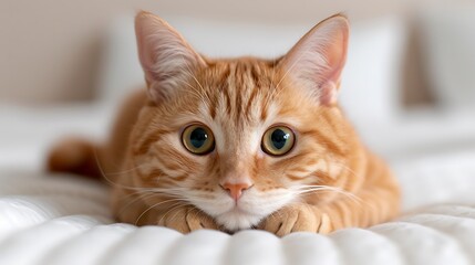 Adorable Orange American Shorthair Cat Lying on a Bed