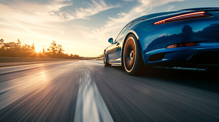Fototapeta premium Blue Sports Car Speeding on the Highway at Sunset