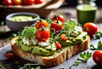 deliciously creamy avocado toast topped fresh ingredients served rustic bread slice healthy breakfast option, toppings, spread, green, nutritious, recipe, meal