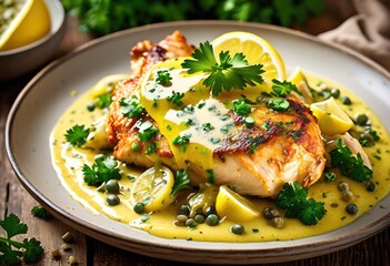 succulent chicken piccata lemon butter fresh parsley garnish irresistible flavor experience, sauce, capers, herb, meal, dish, cuisine, food, gourmet, recipe,