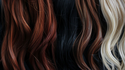 Fototapeta premium Vibrant close-up of different hair colors and textures, featuring shades of auburn, black, brown, and blonde, showcasing diversity in hair.