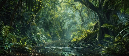 The image depicts a lush tropical jungle with a misty path leading to a tranquil stream