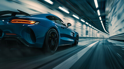 Fototapeta premium Blue Sports Car Speeding Through Tunnel