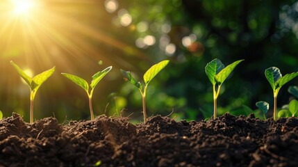 a row of young plants growing in the soil with sunlight
