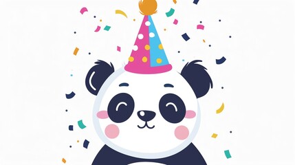 Create a clipart of a Birthday panda with a party hatin a kawaii style, simplified to feature fewer elements for a cleaner look, Use a color palette that is appealing to children, with bright a
