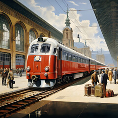 Fototapeta premium Capturing the Hustle and Bustle: Deutsche Bahn Train Arrives at a Busy Station amidst Radiant Daylight