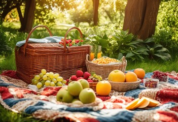 charming outdoor picnic setup featuring assorted colorful lush greenery delightful gathering, snacks, blankets, food, basket, fruits, sandwiches, drinks
