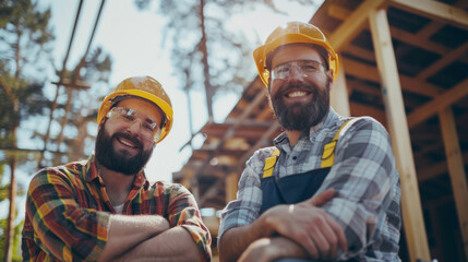 Two smiling construction workers in hard hats and plaid shirts stand confidently on a building site, showcasing camaraderie and teamwork.