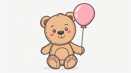 Create a clipart of a Teddy bear with a birthday balloonin a kawaii style, simplified to feature fewer elements for a cleaner look, Use a color palette that is appealing to children, with brigh
