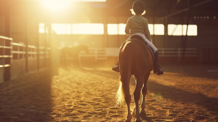 Obraz premium A child rides a horse into an indoor arena, bathed in warm sunlight, with another horse seen in the background.