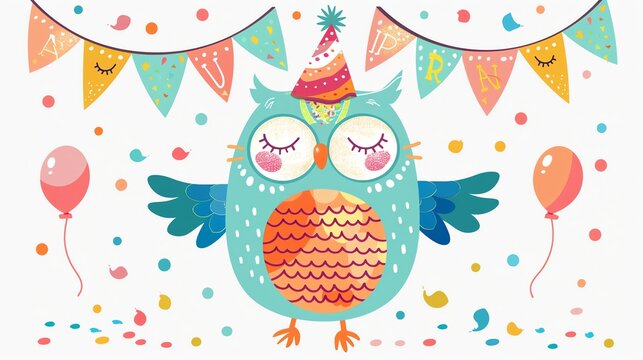 Create A Vector Clipart Of A Cute Owl With A Birthday Bannerin A Kawaii Style, Simplified To Feature Fewer Elements For A Cleaner Look, Use A Color Palette That Is Appealing To Children, With Bright A