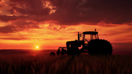 Obraz premium A silhouette of a tractor against a breathtaking sunset sky, highlighting the timeless beauty of rural life.