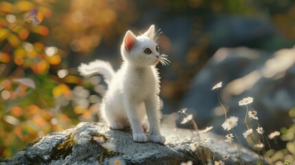Fototapeta premium Adorable White Kitten on a Rock in a Meadow