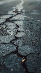 Cracked Asphalt Road Surface Texture Background, 4K hyperrealistic photo