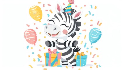 Create a clipart of a Zebra with a birthday gift boxin a kawaii style, simplified to feature fewer elements for a cleaner look, Use a color palette that is appealing to children, with bright an