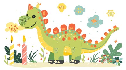 Naklejka premium Create a clipart of a Dinosaur blowing out candlesin a kawaii style, simplified to feature fewer elements for a cleaner look, Use a color palette that is appealing to children, with bright and