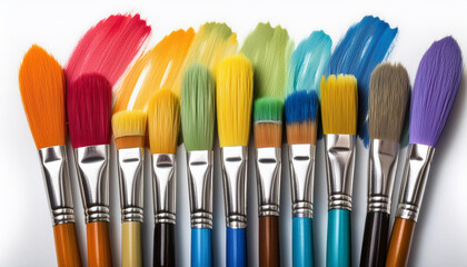 Fototapeta premium A set of colorful paintbrushes, isolated on a white background, showcasing their vibrant and varied bristles.