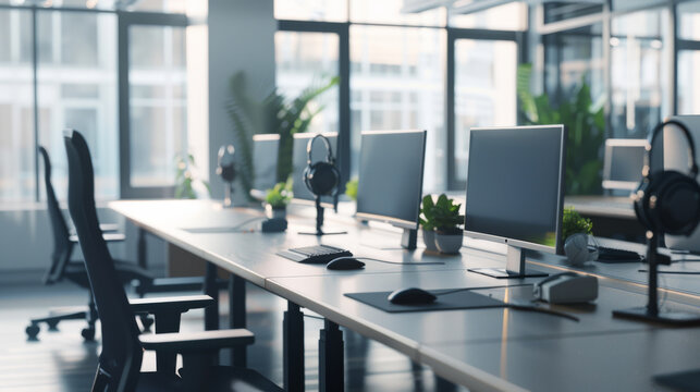 A modern, spacious office environment with multiple computer workstations and bright, natural lighting flooding in from large windows.