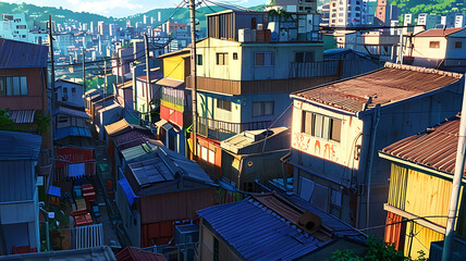 Fototapeta premium A densely packed urban slum with makeshift houses, representing poverty and resilience.
