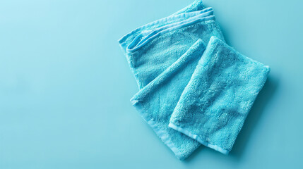 A neatly folded stack of aqua blue towels resting on a smooth, matching blue surface.