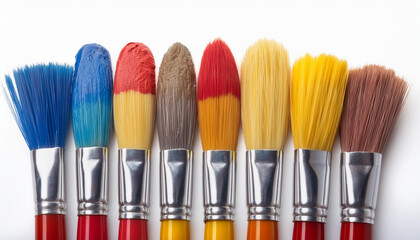 Fototapeta premium A set of colorful paintbrushes, isolated on a white background, showcasing their vibrant and varied bristles.