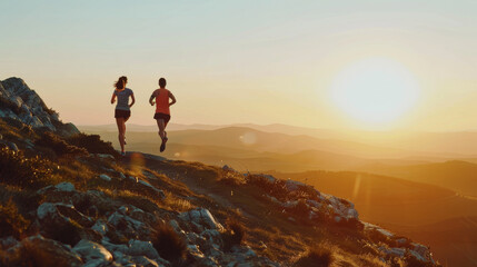 Obraz premium Two runners in athletic wear sprint along a rugged mountain trail at sunrise, encapsulated by the stunning, panoramic views of rolling hills and a golden horizon.
