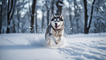 Playful husky jumping through the snow in a winter landscape.