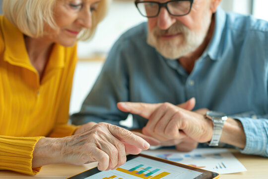 Senior couple analyzing financial charts on a digital tablet at home. Retirement planning, financial management, senior lifestyle, budgeting concept.