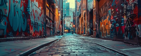 Fototapeta premium Enigmatic alleyway adorned with colorful street art, 4K hyperrealistic photo