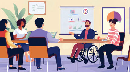 Fototapeta premium A diverse team in a meeting, including a person in a wheelchair actively participating in the discussion.
